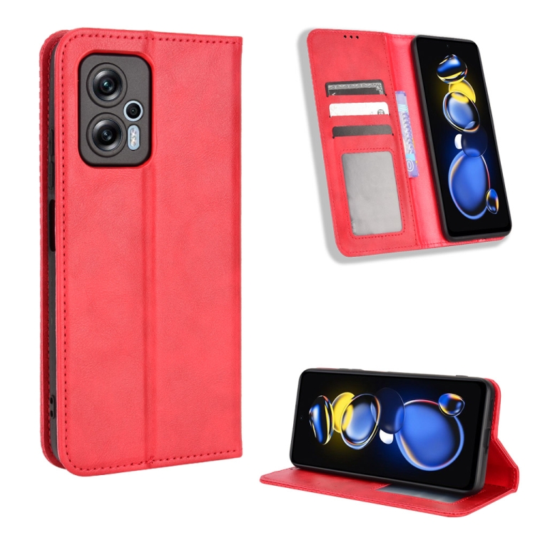 

For Xiaomi Redmi Note 11T Pro 5G Magnetic Buckle Retro Texture Leather Phone Case(Red)