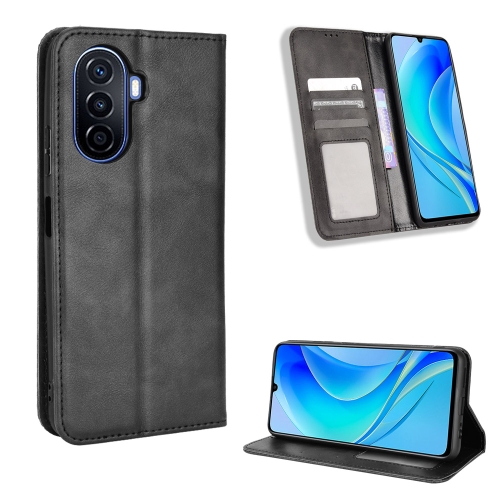 

For Huawei nova Y70 / nova Y70 Plus Magnetic Buckle Retro Texture Leather Phone Case(Black)