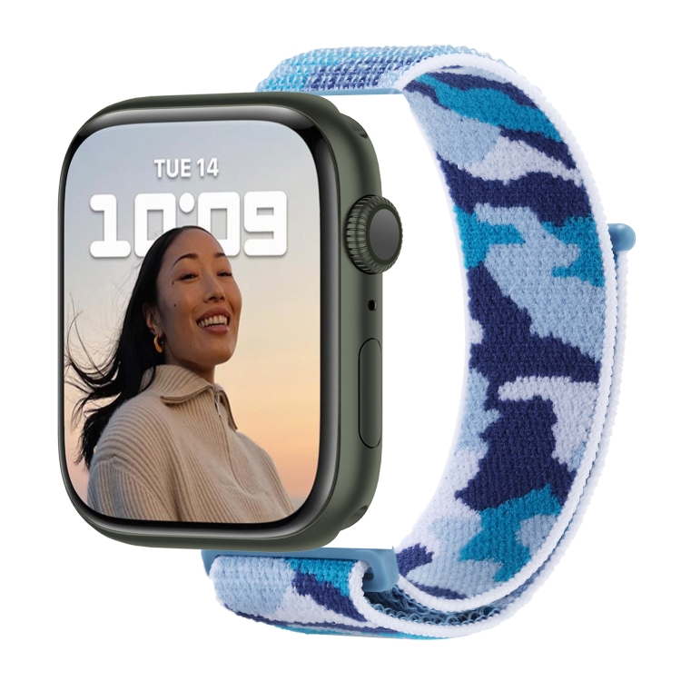 

Nylon Loop Watch Band For Apple Watch Series 8&7 41mm / SE 2&6&SE&5&4 40mm / 3&2&1 38mm(Blue Camouflage)