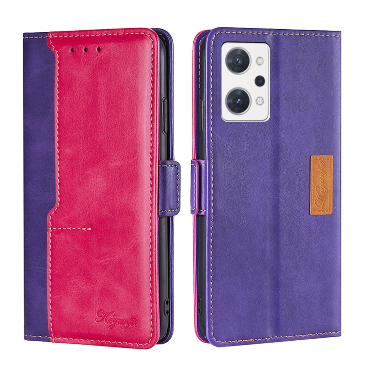

For OPPO Reno7 A JP Version Contrast Color Side Buckle Leather Phone Case(Purple+Rose Red)