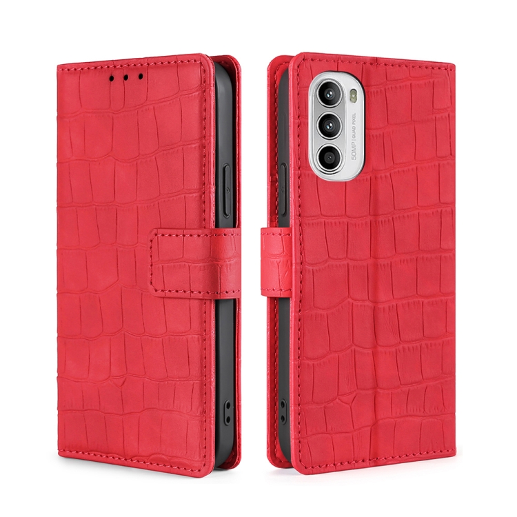 

For Motorola Moto G52 4G/G82 5G Skin Feel Crocodile Magnetic Clasp Leather Phone Case(Red)