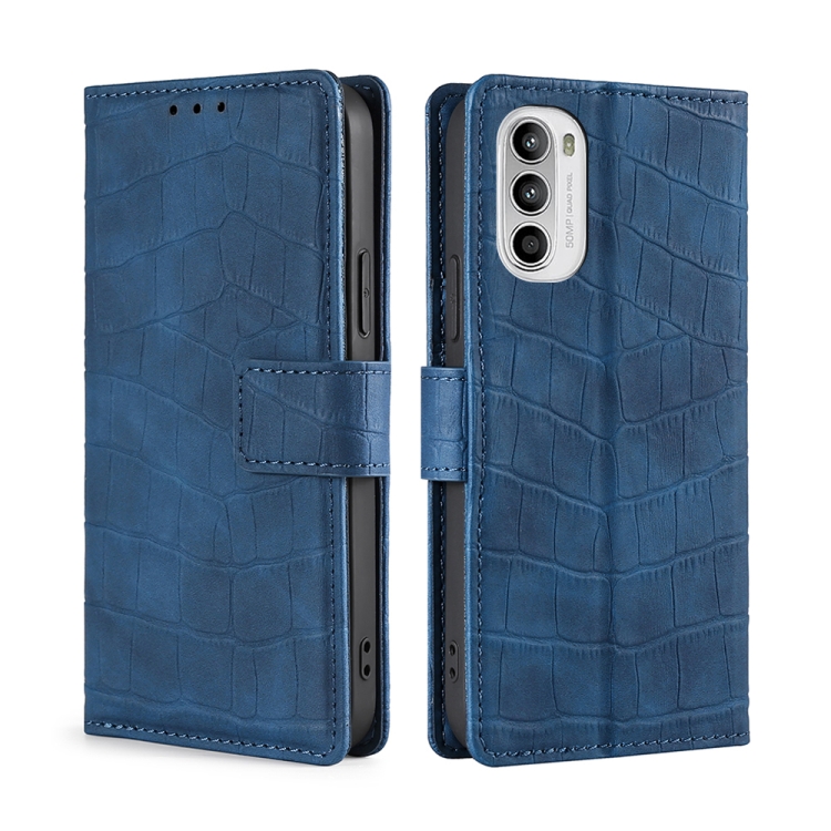 

For Motorola Moto G52 4G/G82 5G Skin Feel Crocodile Magnetic Clasp Leather Phone Case(Blue)