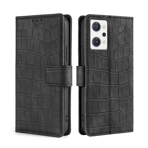 

For OPPO Reno7 A JP Version Skin Feel Crocodile Magnetic Clasp Leather Phone Case(Black)