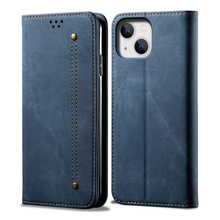 

For iPhone 14 Denim Texture Casual Style Leather Phone Case (Blue)