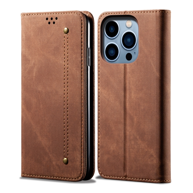 

For iPhone 14 Pro Denim Texture Casual Style Leather Phone Case(Brown)