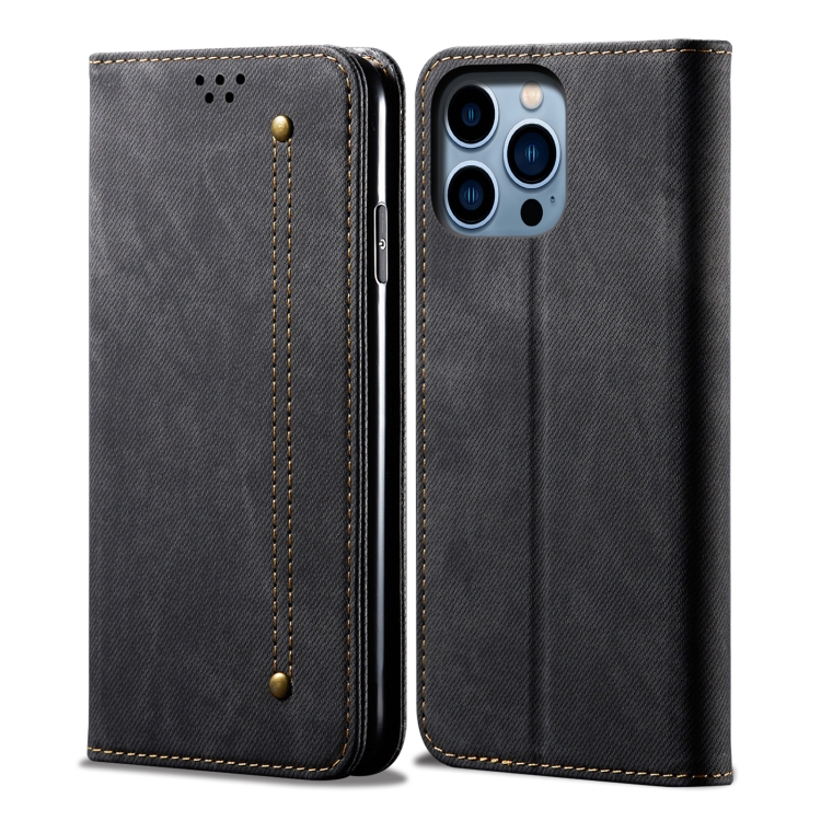 

For iPhone 14 Pro Max Denim Texture Casual Style Leather Phone Case(Black)