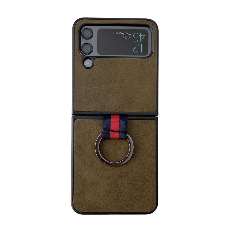 

For Samsung Galaxy Z Flip4 Two-color Cowhide Texture Protective Phone Case with Ring Buckle(Green)