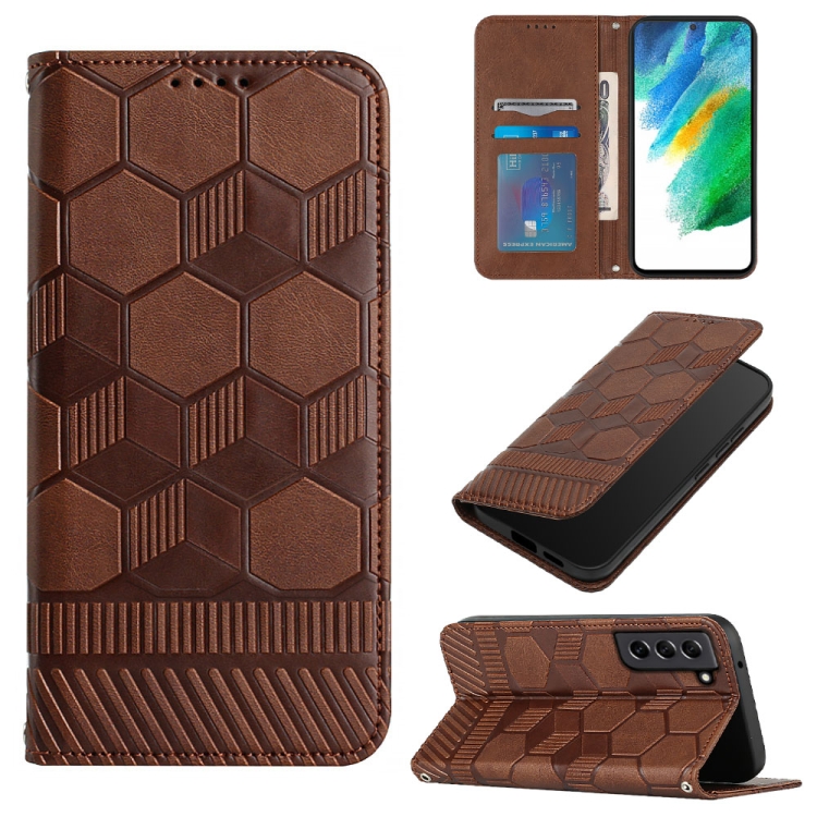 

For Samsung Galaxy S21 FE Football Texture Magnetic Leather Flip Phone Case(Brown)