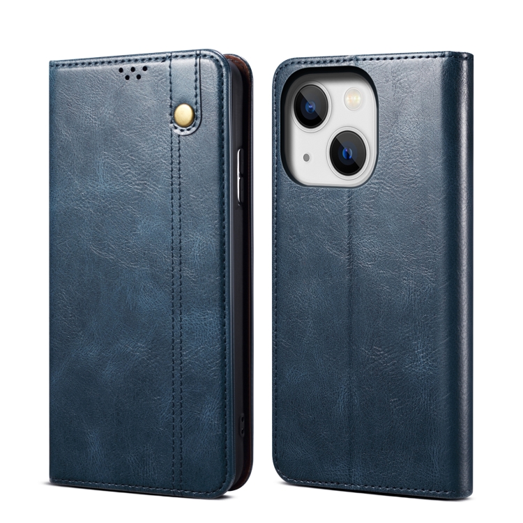 

For iPhone 14 Plus Simple Wax Crazy Horse Texture Horizontal Flip Leather Case (Navy Blue)
