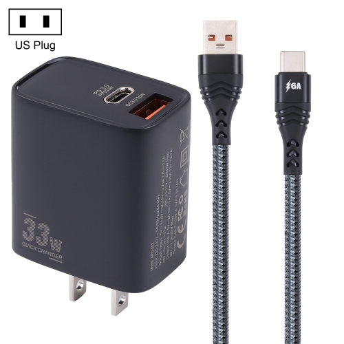 

PD 33W USB-C / Type-C+QC 3.0 USB Dual Port Charger with 1m 6A USB to USB-C / Type-C Data Cable, Specification:US Plug(Black)