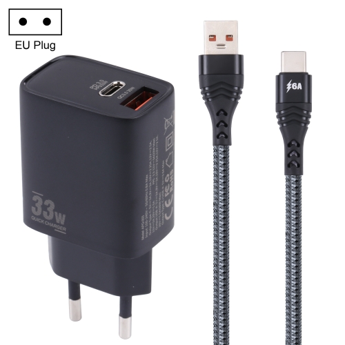

PD 33W USB-C / Type-C+QC 3.0 USB Dual Port Charger with 1m 6A USB to USB-C / Type-C Data Cable, Specification:EU Plug(Black)