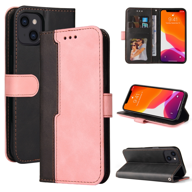 

For iPhone 14 Stitching-color Leather Phone Case (Pink)