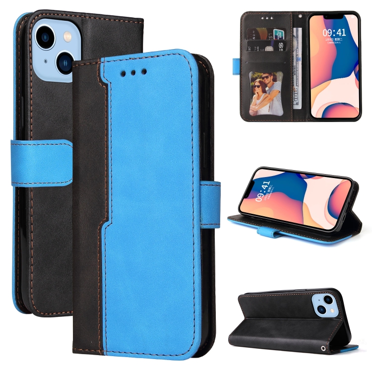 

For iPhone 14 Plus Stitching-color Leather Phone Case (Blue)