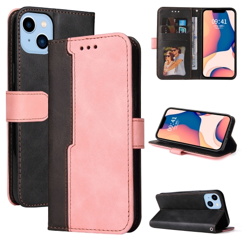 

For iPhone 14 Plus Stitching-color Leather Phone Case (Pink)