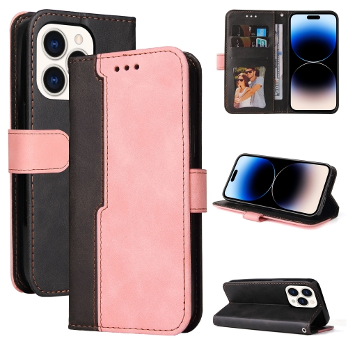 

For iPhone 14 Pro Max Stitching-color Leather Phone Case (Pink)