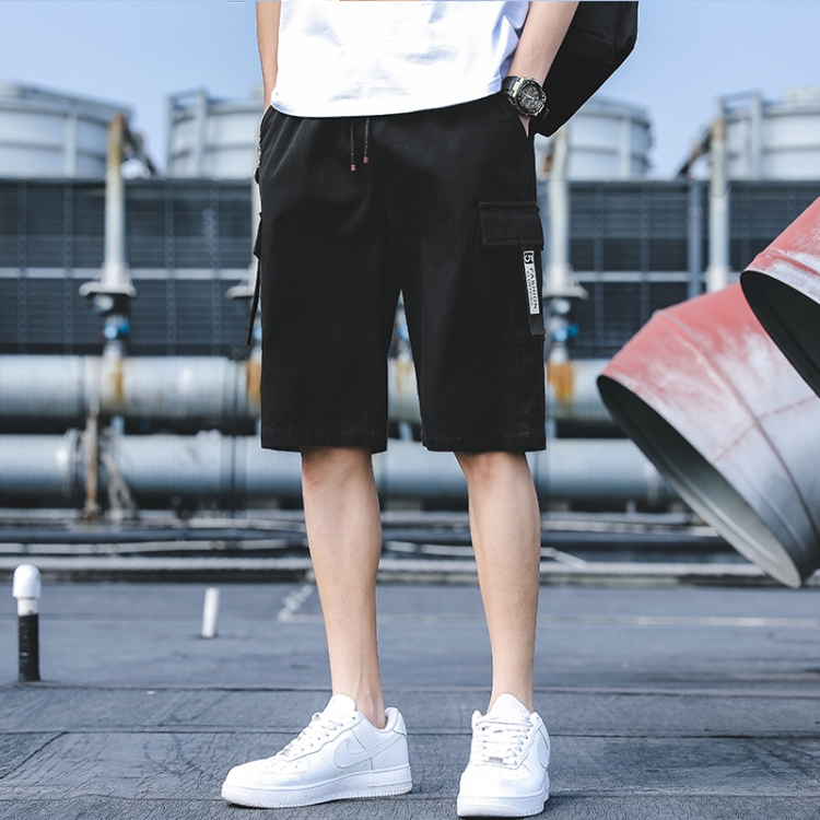 

Summer Loose Cotton Cargo Shorts Five-point Men Pants, Size:M(Black)