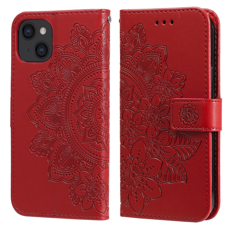 

For iPhone 14 7-petal Flowers Embossing Leather Case (Red)