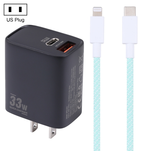

PD 33W USB-C / Type-C+QC 3.0 USB Dual Port Charger with 1m 27W USB-C / Type-C to 8 Pin PD Data Cable, Specification:US Plug(Black+Green)