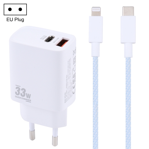 

PD 33W USB-C / Type-C+QC 3.0 USB Dual Port Charger with 1m 27W USB-C / Type-C to 8 Pin PD Data Cable, Specification:EU Plug(White+Blue)