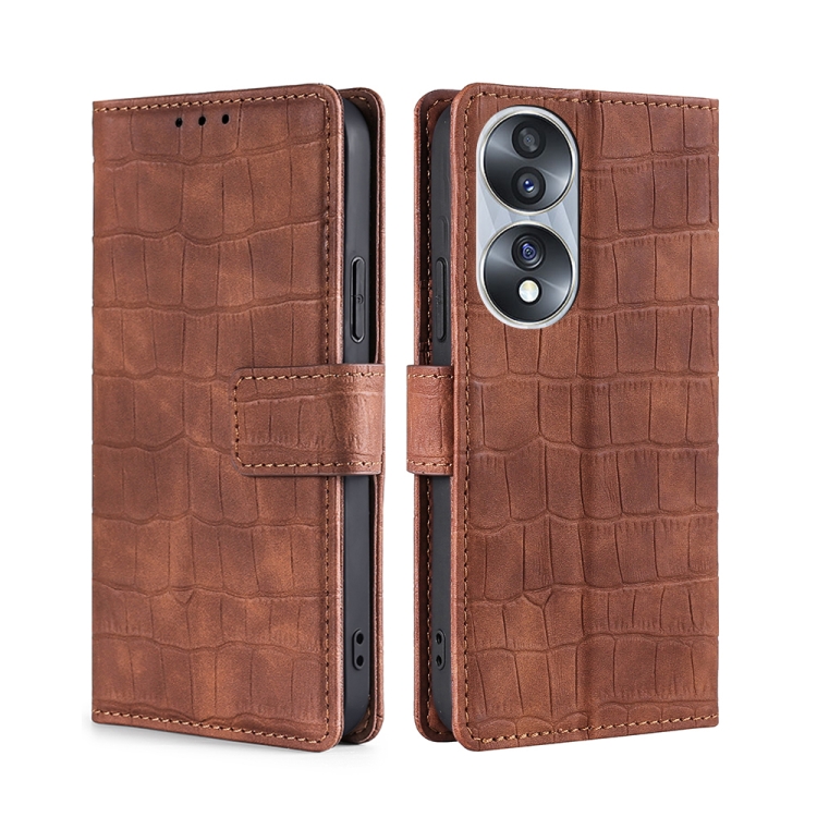 

For Honor 70 Skin Feel Crocodile Magnetic Clasp Leather Phone Case(Brown)