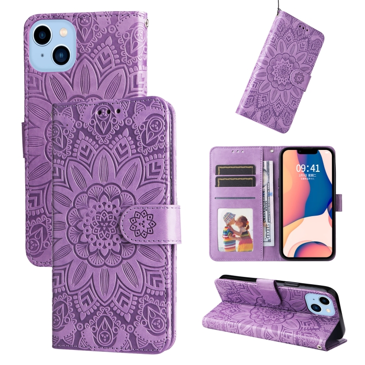 

For iPhone 14 Embossed Sunflower Leather Phone Case (Purple)