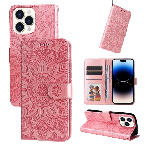 

For iPhone 14 Pro Embossed Sunflower Leather Phone Case(Pink)