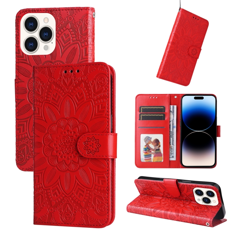 

For iPhone 14 Pro Max Embossed Sunflower Leather Phone Case (Red)