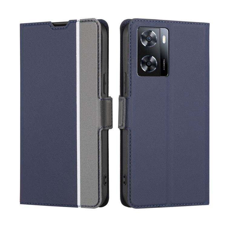 

For OPPO A57 4G 2022 Twill Texture Side Button Leather Phone Case(Blue)