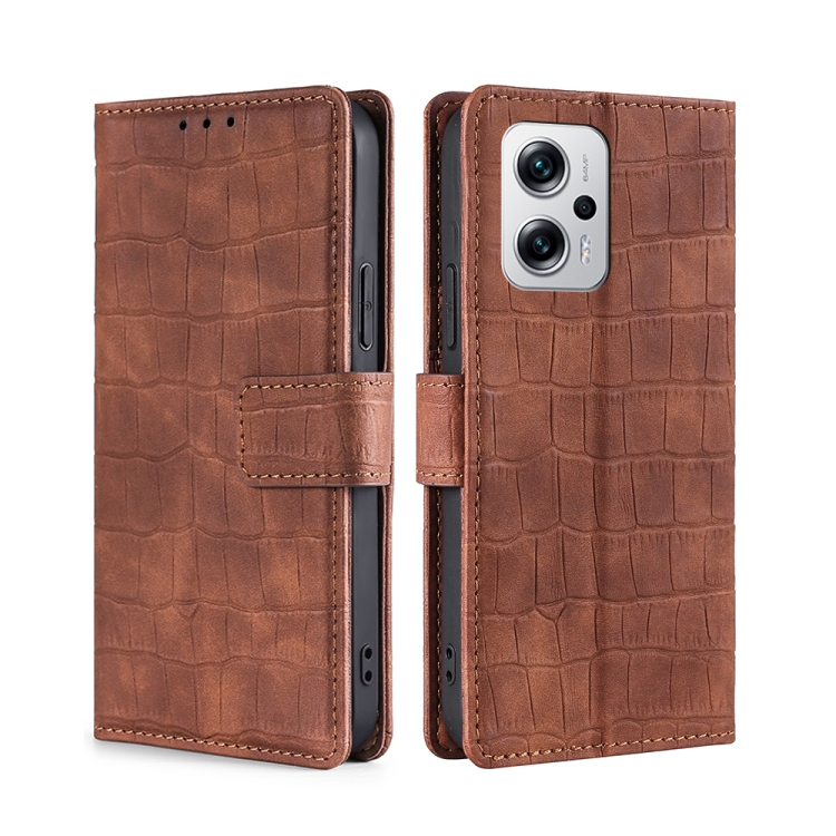

For Xiaomi Redmi Note 11T Pro 5G/Note 11T Pro+ 5G Skin Feel Crocodile Magnetic Clasp Leather Phone Case(Brown)