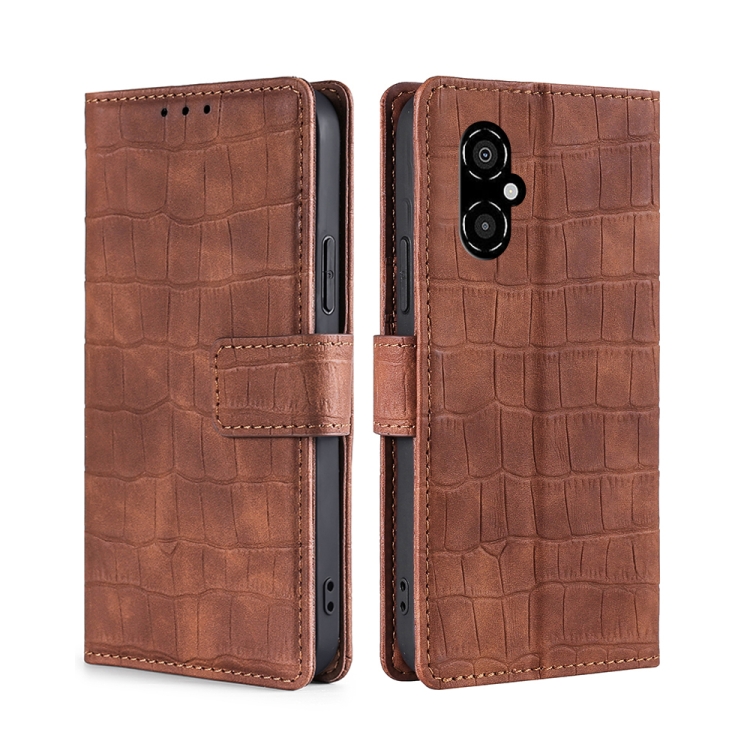 

For Xiaomi Poco M4 5G Skin Feel Crocodile Magnetic Clasp Leather Phone Case(Brown)