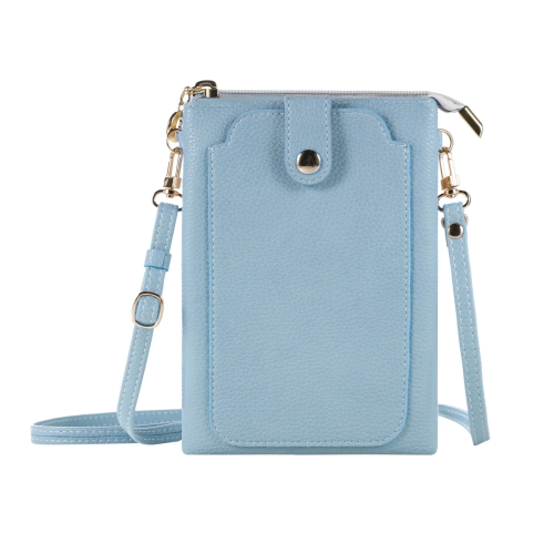 

Litchi Texture Card Holder Mobile Phone Zipper Bag with Long Strap(Light Blue)