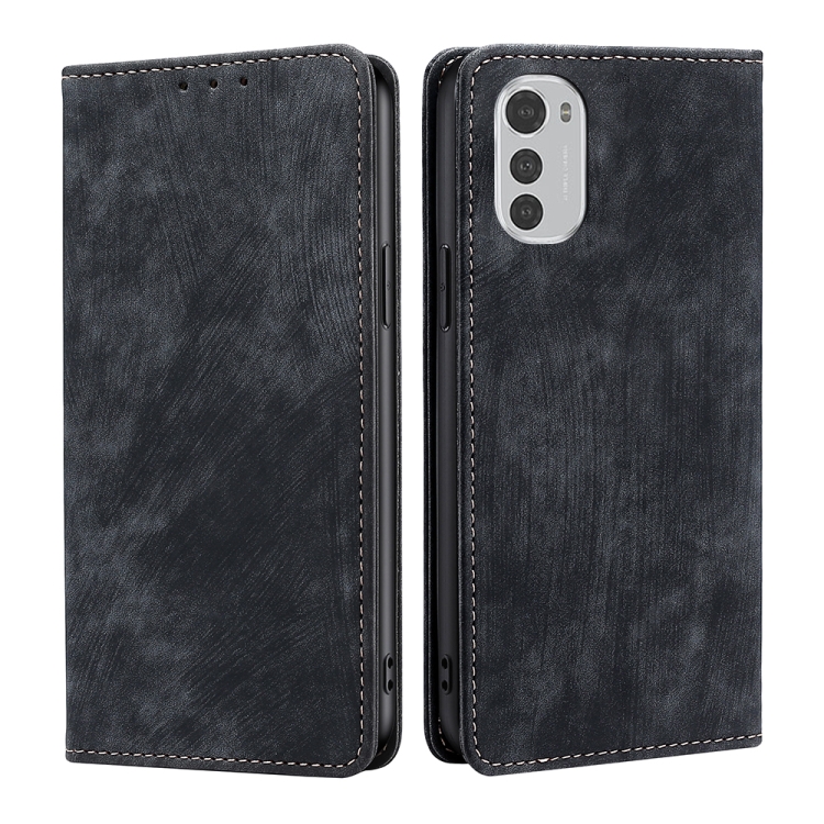 

For Motorola Moto E32 4G RFID Anti-theft Brush Magnetic Leather Phone Case(Black)