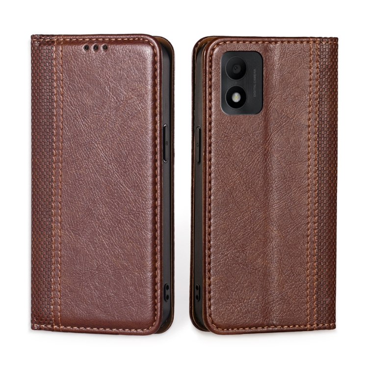 

For TCL 303 Grid Texture Magnetic Flip Leather Phone Case(Brown)