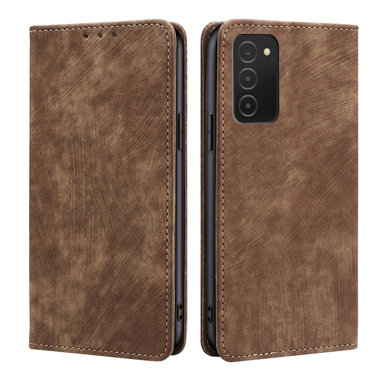 

For Samsung Galaxy A03S US 165.85mm RFID Anti-theft Brush Magnetic Leather Phone Case(Brown)
