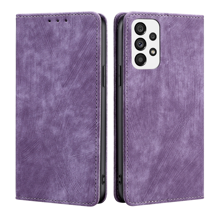 

For Samsung Galaxy A73 5G RFID Anti-theft Brush Magnetic Leather Phone Case(Purple)