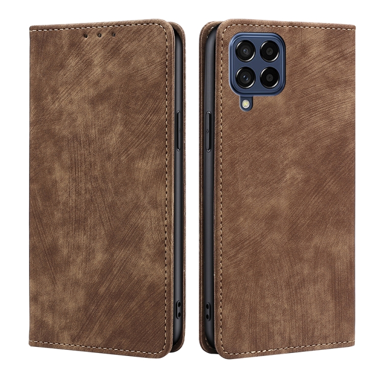 

For Samsung Galaxy M53 5G RFID Anti-theft Brush Magnetic Leather Phone Case(Brown)