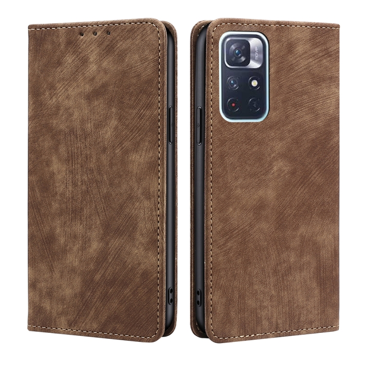 

For Xiaomi Redmi Note 11 5G/Poco M4 Pro 5G RFID Anti-theft Brush Magnetic Leather Phone Case(Brown)