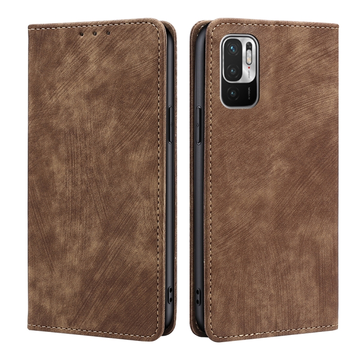 

For Xiaomi Redmi Note 10 JE Japan RFID Anti-theft Brush Magnetic Leather Phone Case(Brown)