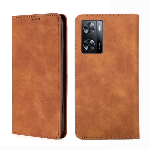 

For OPPO A57 4G 2022 Skin Feel Magnetic Horizontal Flip Leather Phone Case(Light Brown)