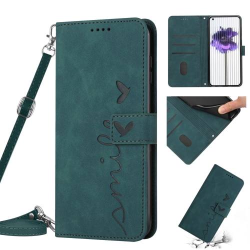

For Nothing Phone 1 Skin Feel Heart Pattern Leather Phone Case with Lanyard(Green)