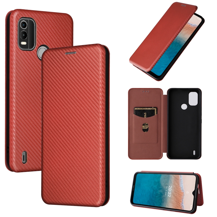 

For Nokia C21 Plus Carbon Fiber Texture Magnetic Flip Leather Phone Case(Brown)