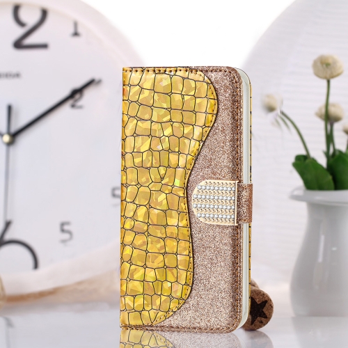 

Laser Glitter Powder Matching Crocodile Texture Leather Phone Case For iPhone 14 Max(Gold)