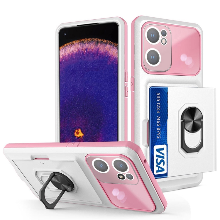 

For OPPO Find X5 Lite Card Ring Holder PC + TPU Phone Case(White+Pink)