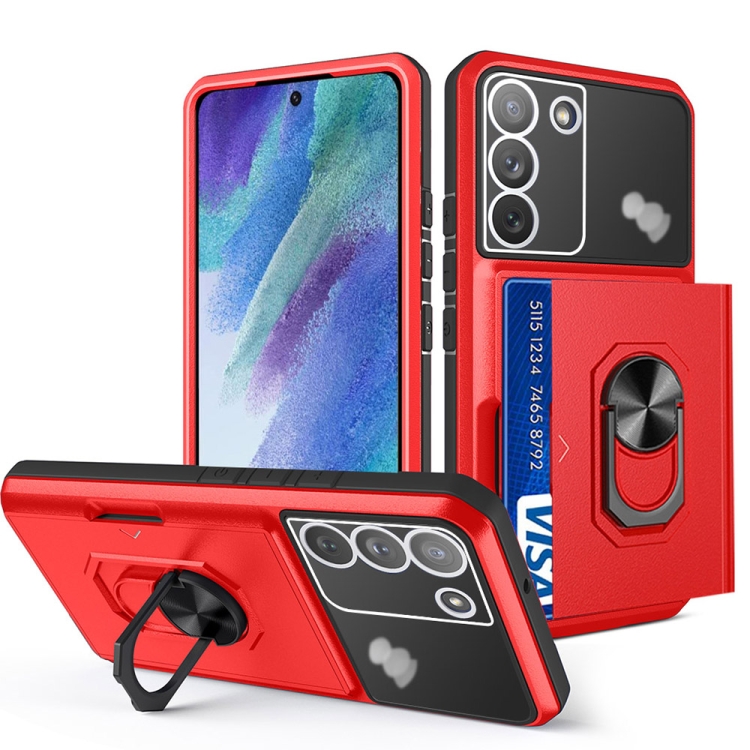 

For Samsung Galaxy S21 FE 5G Card Ring Holder PC + TPU Phone Case(Red+Black)