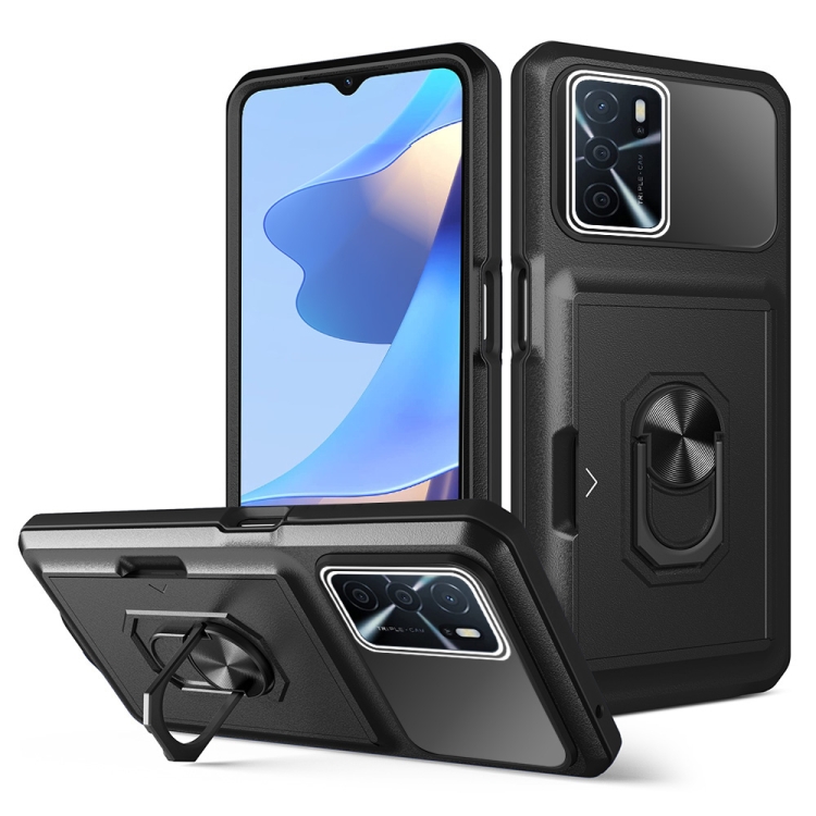 

For OPPO A16 Card Ring Holder PC + TPU Phone Case(Black)