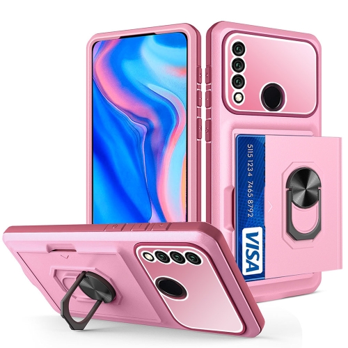 

For Huawei Y9 Prime 2019 Card Ring Holder PC + TPU Phone Case(Pink+Wine Red)