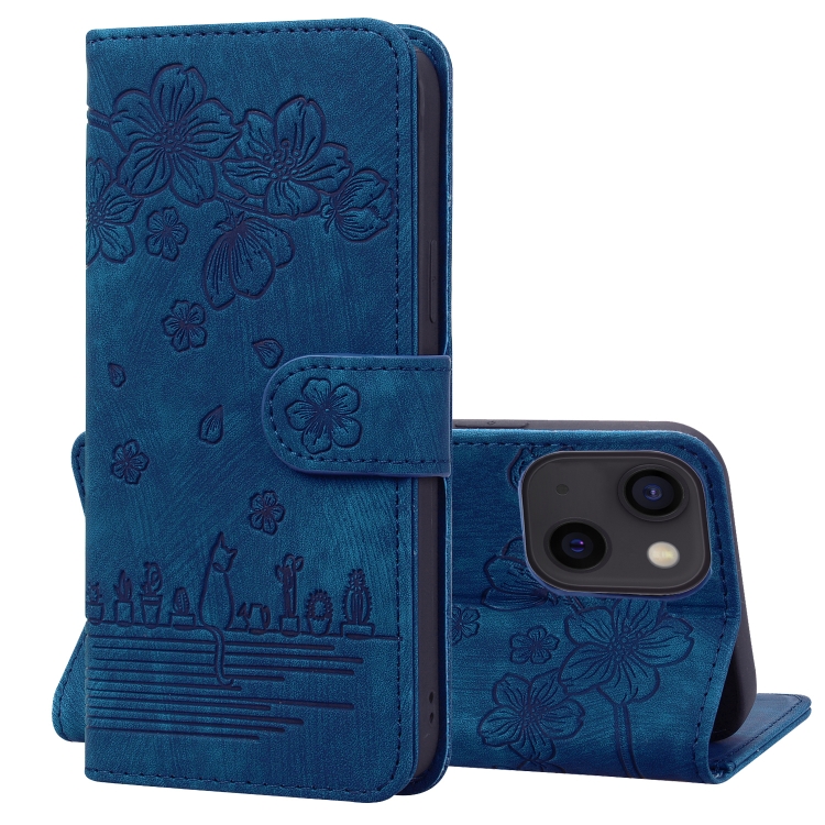 

Cartoon Sakura Cat Embossed Leather Case For iPhone 13(Royal Blue)