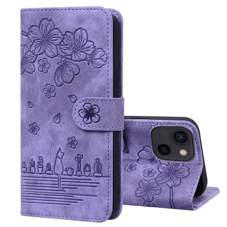 

For iPhone 13 Cartoon Sakura Cat Embossed Leather Case(Purple)