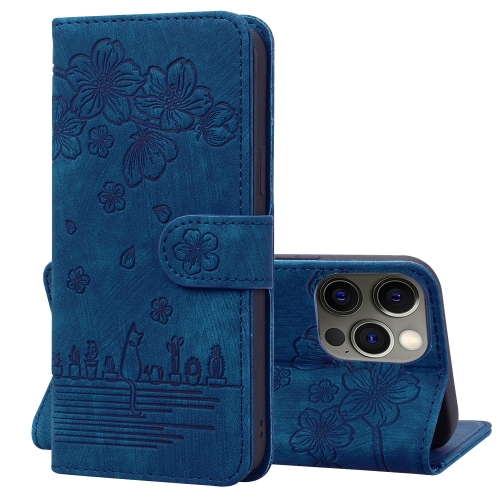 

Cartoon Sakura Cat Embossed Leather Case For iPhone 13 Pro(Royal Blue)