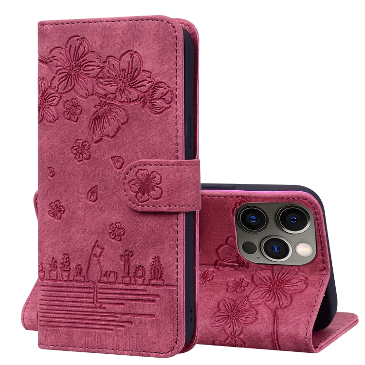 

Cartoon Sakura Cat Embossed Leather Case For iPhone 13 Pro(Wine Red)